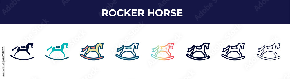 rocker horse icon in 8 styles. line, filled, glyph, thin outline, colorful, stroke and gradient styles, rocker horse vector sign. symbol, logo illustration. different style icons set. rocker horse icon in 8 styles. line, filled, glyph, thin outline, colorful, stroke and gradient styles, rocker horse vector sign. symbol, logo illustration. different style icons set.