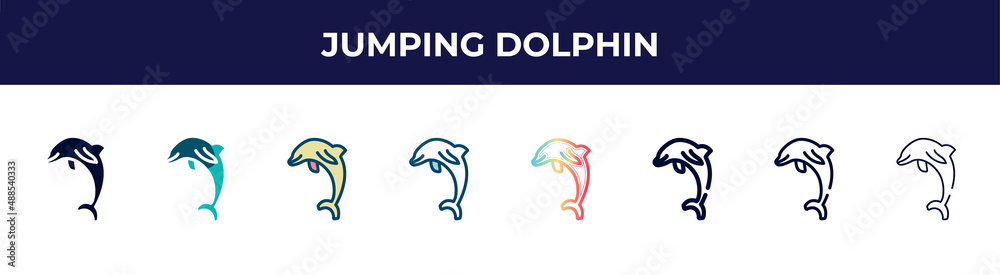 jumping dolphin icon in 8 styles. line, filled, glyph, thin outline, colorful, stroke and gradient styles, jumping dolphin vector sign. symbol, logo illustration. different style icons set.