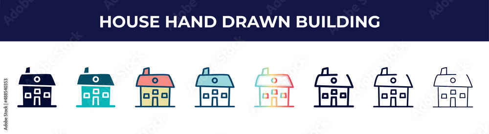 house hand drawn building icon in 8 styles. line, filled, glyph, thin outline, colorful, stroke and gradient styles, house hand drawn building vector sign. symbol, logo illustration. different style