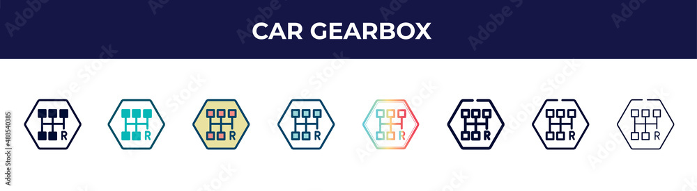 car gearbox icon in 8 styles. line, filled, glyph, thin outline, colorful, stroke and gradient styles, car gearbox vector sign. symbol, logo illustration. different style icons set.
