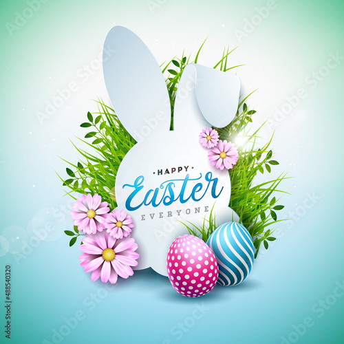 Vector Illustration of Happy Easter Holiday with Painted Egg and Spring Flower on Shiny Light Blue Background. International Celebration Design with Rabbit Shape and Typography for Greeting Card