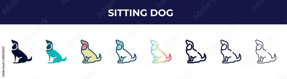 sitting dog icon in 8 styles. line, filled, glyph, thin outline, colorful, stroke and gradient styles, sitting dog vector sign. symbol, logo illustration. different style icons set. sitting dog icon in 8 styles. line, filled, glyph, thin outline, colorful, stroke and gradient styles, sitting dog vector sign. symbol, logo illustration. different style icons set.