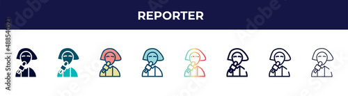 reporter icon in 8 styles. line, filled, glyph, thin outline, colorful, stroke and gradient styles, reporter vector sign. symbol, logo illustration. different style icons set.