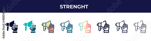 strenght icon in 8 styles. line, filled, glyph, thin outline, colorful, stroke and gradient styles, strenght vector sign. symbol, logo illustration. different style icons set.