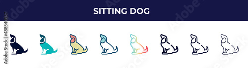 sitting dog icon in 8 styles. line, filled, glyph, thin outline, colorful, stroke and gradient styles, sitting dog vector sign. symbol, logo illustration. different style icons set.