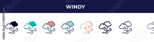 windy icon in 8 styles. line, filled, glyph, thin outline, colorful, stroke and gradient styles, windy vector sign. symbol, logo illustration. different style icons set.