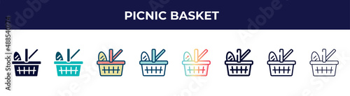 picnic basket icon in 8 styles. line, filled, glyph, thin outline, colorful, stroke and gradient styles, picnic basket vector sign. symbol, logo illustration. different style icons set.