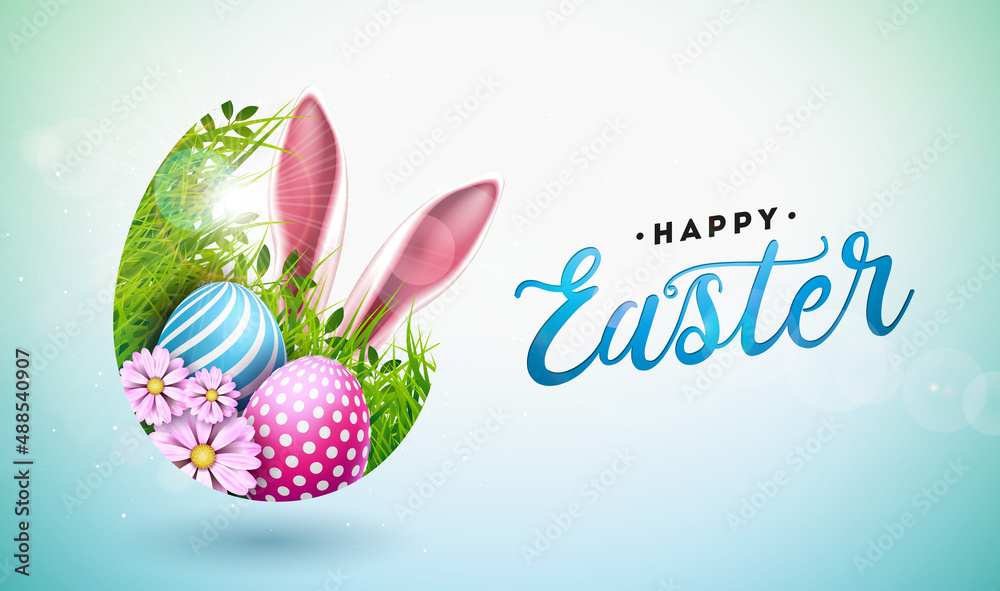 Vector Illustration of Happy Easter Holiday with Painted Egg, Rabbit Ear and Spring Flower on Shiny Light Background. International Celebration Design with Typography for Greeting Card, Party