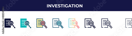investigation icon in 8 styles. line, filled, glyph, thin outline, colorful, stroke and gradient styles, investigation vector sign. symbol, logo illustration. different style icons set.