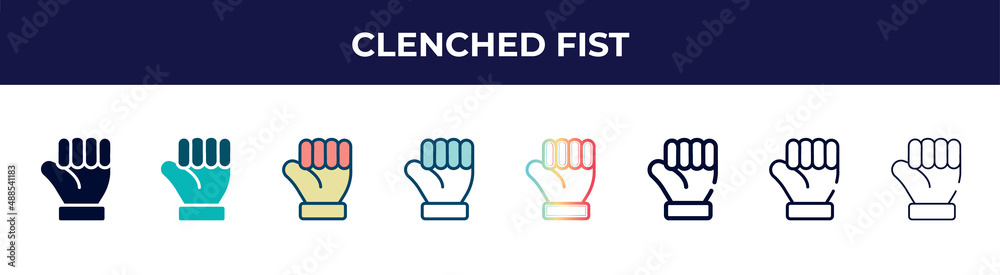 clenched fist icon in 8 styles. line, filled, glyph, thin outline, colorful, stroke and gradient styles, clenched fist vector sign. symbol, logo illustration. different style icons set. clenched fist icon in 8 styles. line, filled, glyph, thin outline, colorful, stroke and gradient styles, clenched fist vector sign. symbol, logo illustration. different style icons set.