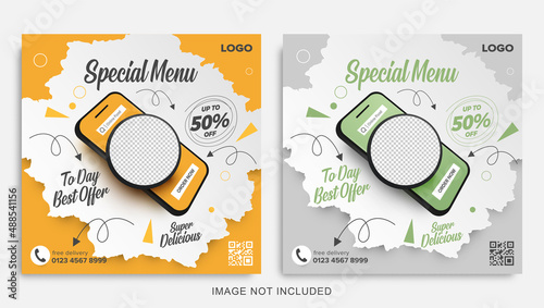 Food promotion with mobile concept square banner for social media post