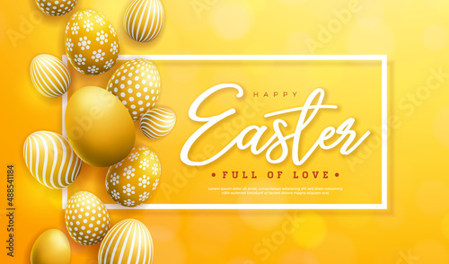 Vector Illustration of Happy Easter Holiday with Painted Egg on Shiny Yellow Background. International Celebration Design with Typography for Greeting Card, Party Invitation or Promo Banner.