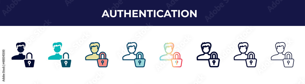 authentication icon in 8 styles. line, filled, glyph, thin outline, colorful, stroke and gradient styles, authentication vector sign. symbol, logo illustration. different style icons set.