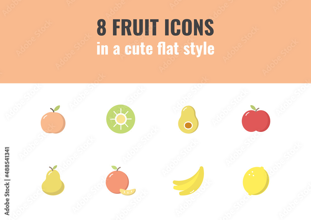 Сolourful Fruits set icons in a cute flat style