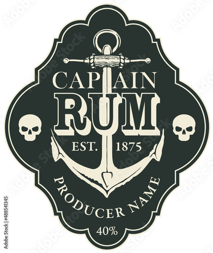 A black and white label for Captain RUM, decorated with an old ship anchor and human skulls in a curly frame. Vector illustration in retro style, isolated on a white background