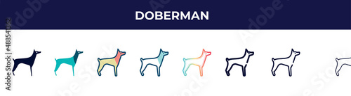 doberman icon in 8 styles. line, filled, glyph, thin outline, colorful, stroke and gradient styles, doberman vector sign. symbol, logo illustration. different style icons set.