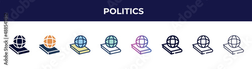 politics icon in 8 styles. line, filled, glyph, thin outline, colorful, stroke and gradient styles, politics vector sign. symbol, logo illustration. different style icons set.