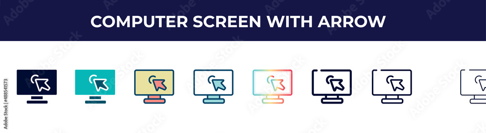 computer screen with arrow icon in 8 styles. line, filled, glyph, thin outline, colorful, stroke and gradient styles, computer screen with arrow vector sign. symbol, logo illustration. different computer screen with arrow icon in 8 styles. line, filled, glyph, thin outline, colorful, stroke and gradient styles, computer screen with arrow vector sign. symbol, logo illustration. different
