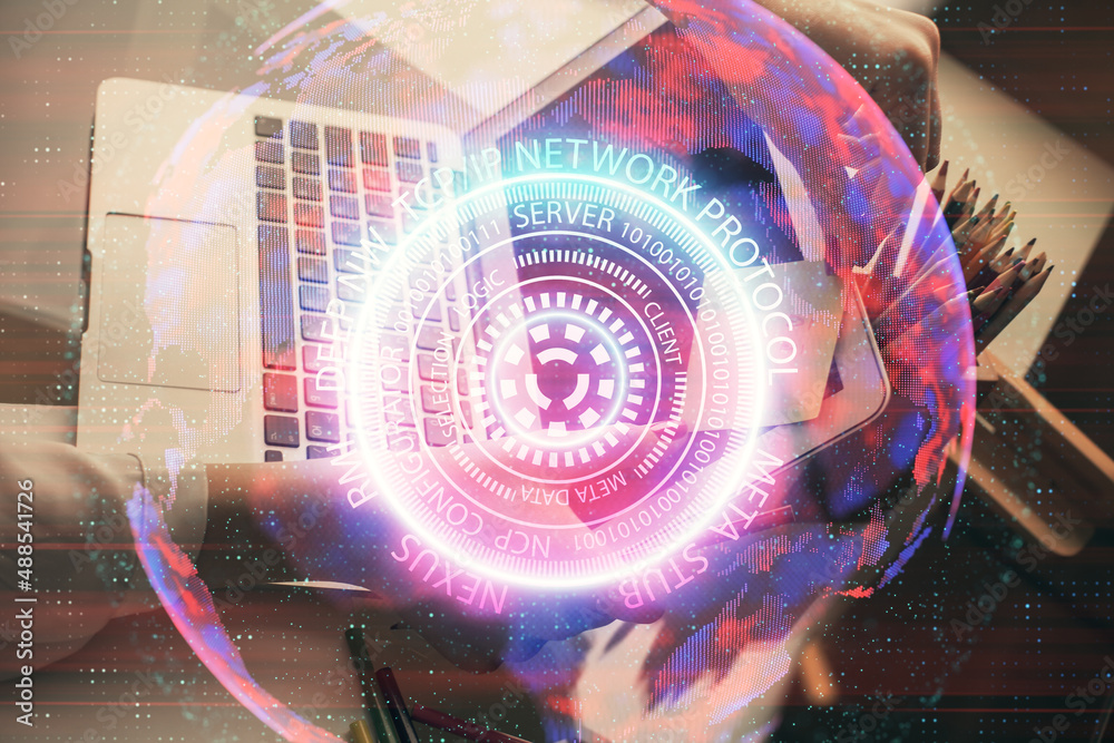 Fototapeta premium Double exposure of woman hands typing on computer and technology theme drawing. High Tech concept.