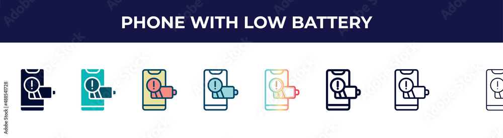phone with low battery icon in 8 styles. line, filled, glyph, thin outline, colorful, stroke and gradient styles, phone with low battery vector sign. symbol, logo illustration. different style icons phone with low battery icon in 8 styles. line, filled, glyph, thin outline, colorful, stroke and gradient styles, phone with low battery vector sign. symbol, logo illustration. different style icons