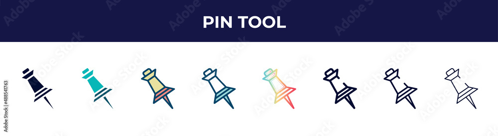 Fototapeta premium pin tool icon in 8 styles. line, filled, glyph, thin outline, colorful, stroke and gradient styles, pin tool vector sign. symbol, logo illustration. different style icons set.