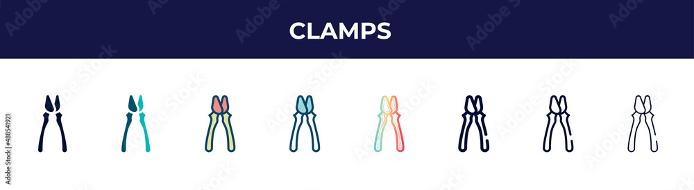 clamps icon in 8 styles. line, filled, glyph, thin outline, colorful, stroke and gradient styles, clamps vector sign. symbol, logo illustration. different style icons set. clamps icon in 8 styles. line, filled, glyph, thin outline, colorful, stroke and gradient styles, clamps vector sign. symbol, logo illustration. different style icons set.