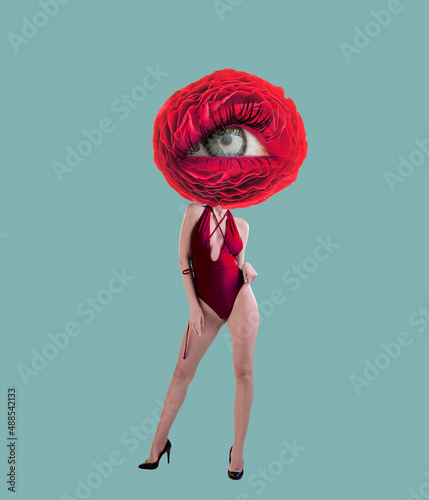 Contemporary art collage with young slim girl headed of red flower with open eye inside it on light background. Modern design. Concept of beauty, art, vision, fashion photo