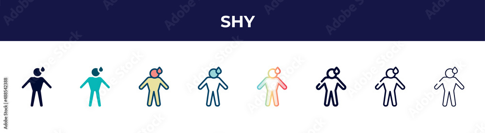 shy icon in 8 styles. line, filled, glyph, thin outline, colorful, stroke and gradient styles, shy vector sign. symbol, logo illustration. different style icons set. shy icon in 8 styles. line, filled, glyph, thin outline, colorful, stroke and gradient styles, shy vector sign. symbol, logo illustration. different style icons set.