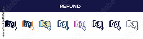 refund icon in 8 styles. line, filled, glyph, thin outline, colorful, stroke and gradient styles, refund vector sign. symbol, logo illustration. different style icons set.
