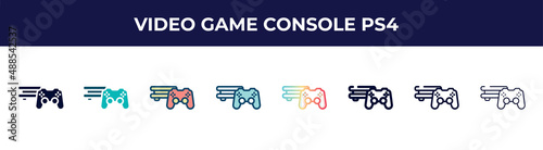 video game console ps4 icon in 8 styles. line, filled, glyph, thin outline, colorful, stroke and gradient styles, video game console ps4 vector sign. symbol, logo illustration. different style icons