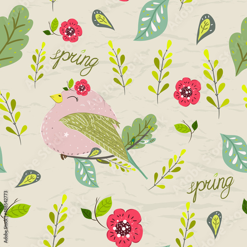 Seamless pastel pattern of birds with floral elements on crumpled paper background.