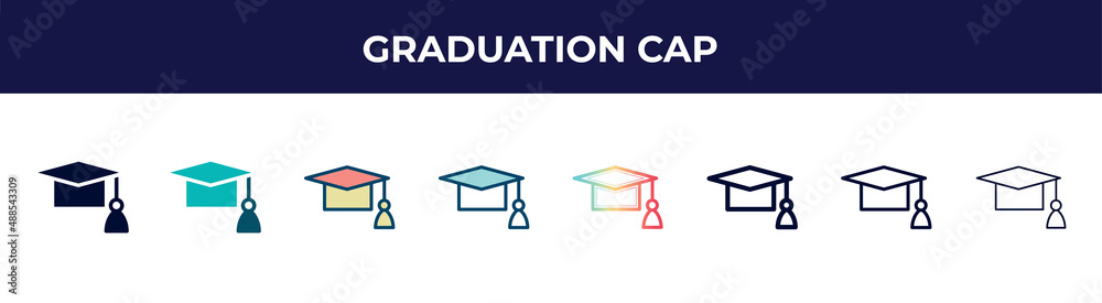 graduation cap icon in 8 styles. line, filled, glyph, thin outline, colorful, stroke and gradient styles, graduation cap vector sign. symbol, logo illustration. different style icons set. graduation cap icon in 8 styles. line, filled, glyph, thin outline, colorful, stroke and gradient styles, graduation cap vector sign. symbol, logo illustration. different style icons set.