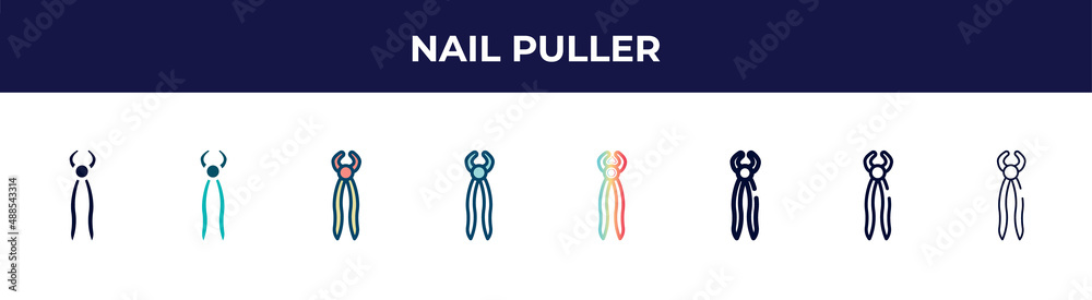Fototapeta premium nail puller icon in 8 styles. line, filled, glyph, thin outline, colorful, stroke and gradient styles, nail puller vector sign. symbol, logo illustration. different style icons set.