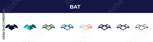 bat icon in 8 styles. line, filled, glyph, thin outline, colorful, stroke and gradient styles, bat vector sign. symbol, logo illustration. different style icons set.