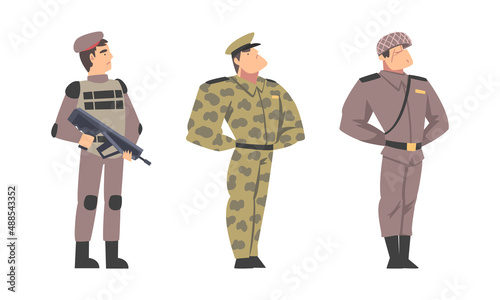 Army soldiers in camouflage combat uniform saluting cartoon vector illustration