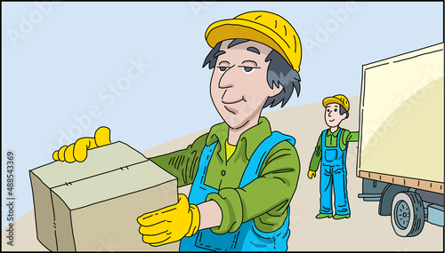 The loader unloads the goods from the truck. Delivery service. 