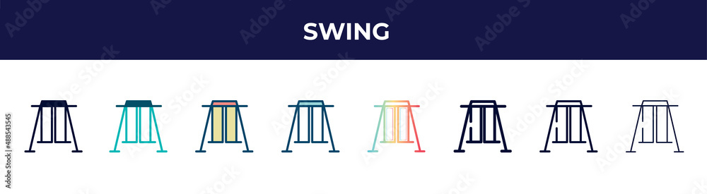 swing icon in 8 styles. line, filled, glyph, thin outline, colorful, stroke and gradient styles, swing vector sign. symbol, logo illustration. different style icons set. swing icon in 8 styles. line, filled, glyph, thin outline, colorful, stroke and gradient styles, swing vector sign. symbol, logo illustration. different style icons set.