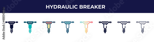 hydraulic breaker icon in 8 styles. line, filled, glyph, thin outline, colorful, stroke and gradient styles, hydraulic breaker vector sign. symbol, logo illustration. different style icons set.