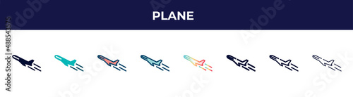 plane icon in 8 styles. line, filled, glyph, thin outline, colorful, stroke and gradient styles, plane vector sign. symbol, logo illustration. different style icons set.