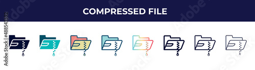 compressed file icon in 8 styles. line, filled, glyph, thin outline, colorful, stroke and gradient styles, compressed file vector sign. symbol, logo illustration. different style icons set.