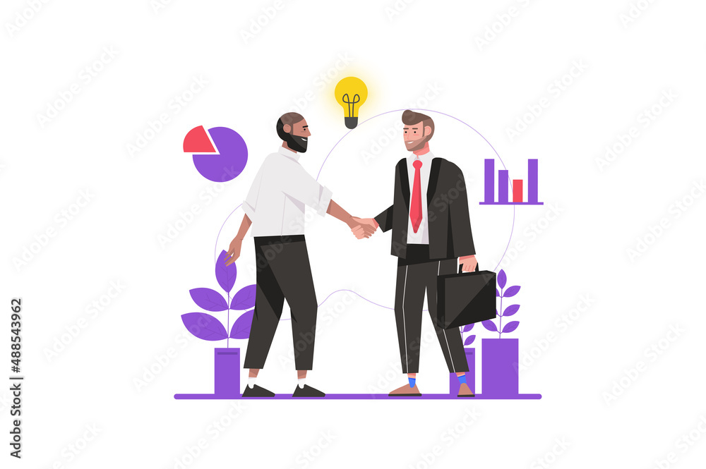 Business solution concept in flat design. Businessmen shake hands Business solution concept in flat design. Businessmen shake hands