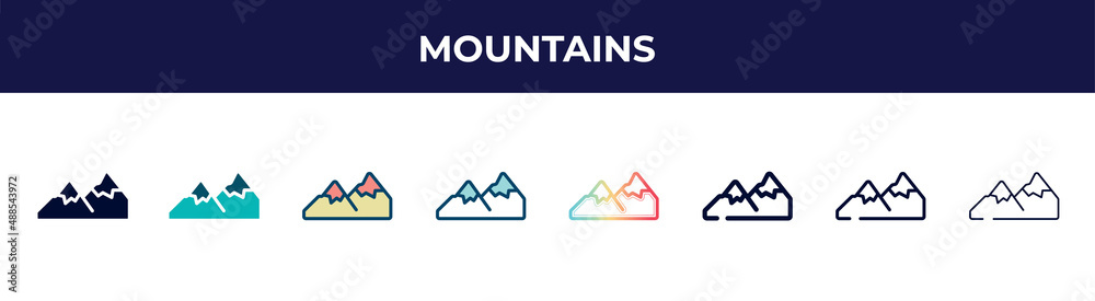 mountains icon in 8 styles. line, filled, glyph, thin outline, colorful, stroke and gradient styles, mountains vector sign. symbol, logo illustration. different style icons set. mountains icon in 8 styles. line, filled, glyph, thin outline, colorful, stroke and gradient styles, mountains vector sign. symbol, logo illustration. different style icons set.