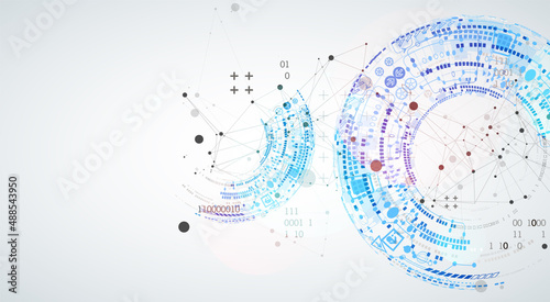 Abstract background with plexus effect. Scientific and technological concept with the use of technical elements formed in the shape of a circle.