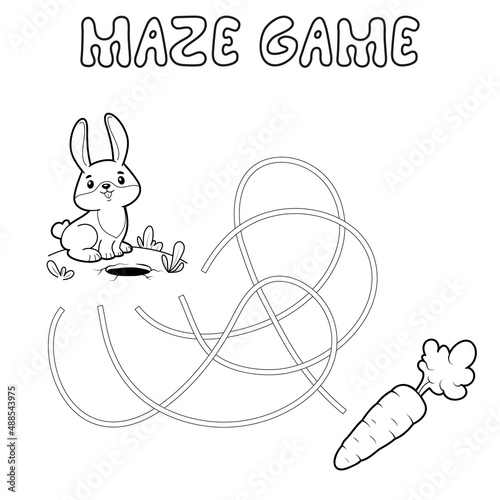 Maze puzzle game for children. Outline maze or labyrinth. Find path game with rabbit.