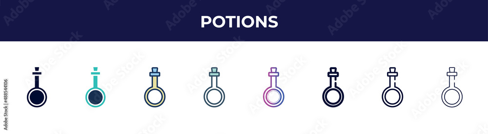 potions icon in 8 styles. line, filled, glyph, thin outline, colorful, stroke and gradient styles, potions vector sign. symbol, logo illustration. different style icons set. potions icon in 8 styles. line, filled, glyph, thin outline, colorful, stroke and gradient styles, potions vector sign. symbol, logo illustration. different style icons set.