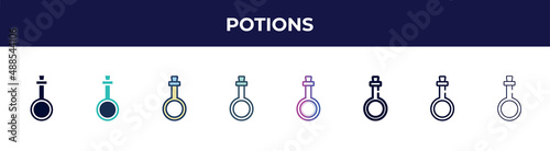 potions icon in 8 styles. line, filled, glyph, thin outline, colorful, stroke and gradient styles, potions vector sign. symbol, logo illustration. different style icons set.