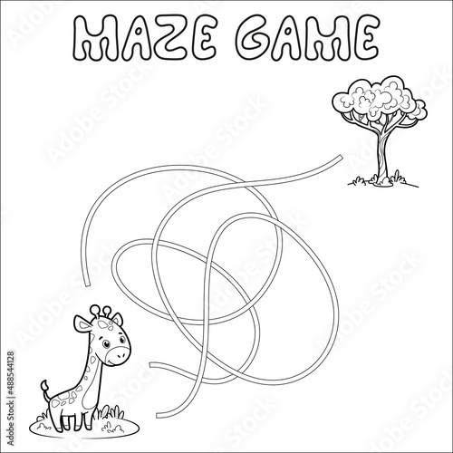 Maze puzzle game for children. Outline maze or labyrinth. Find path game with giraffe.