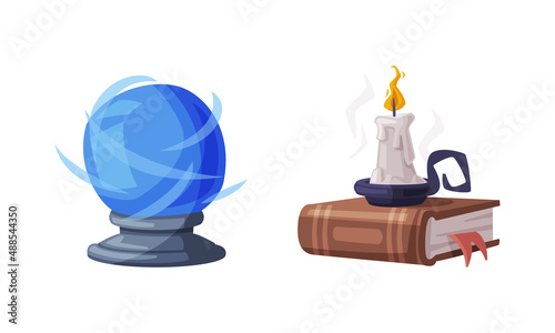 Burning candle in candlestick and fortune teller magic crystal ball. Witchcraft attributes, halloween objects cartoon vector illustration © topvectors