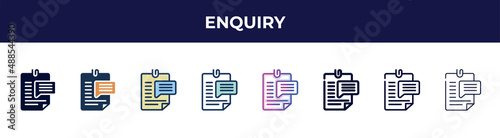 enquiry icon in 8 styles. line, filled, glyph, thin outline, colorful, stroke and gradient styles, enquiry vector sign. symbol, logo illustration. different style icons set.