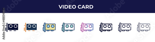 video card icon in 8 styles. line, filled, glyph, thin outline, colorful, stroke and gradient styles, video card vector sign. symbol, logo illustration. different style icons set.